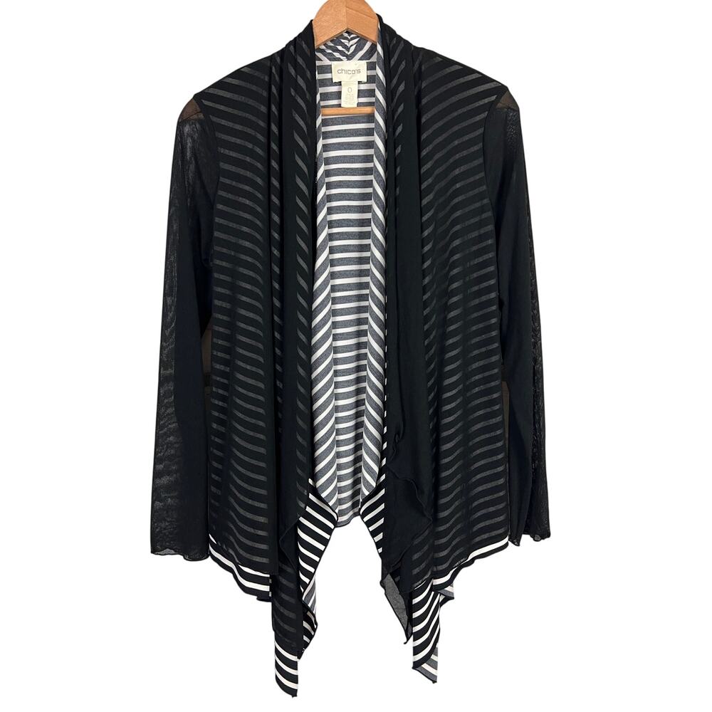Chicos Women S Minimalist Classic Preppy Sheer Striped Draped Waterfall Cardigan